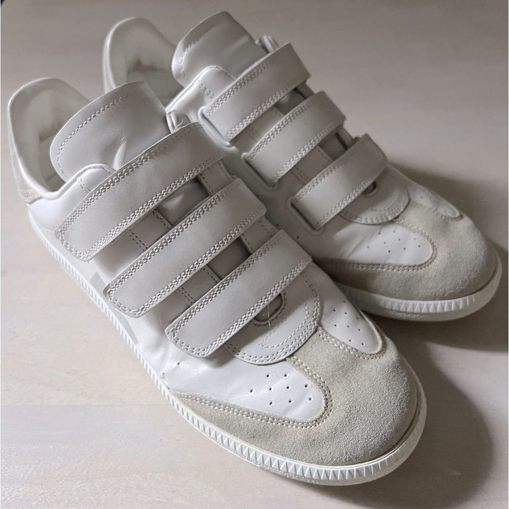 Isabel Marant Logo Classic Velcro Sneaker, white leather/ light gray suede sz 40